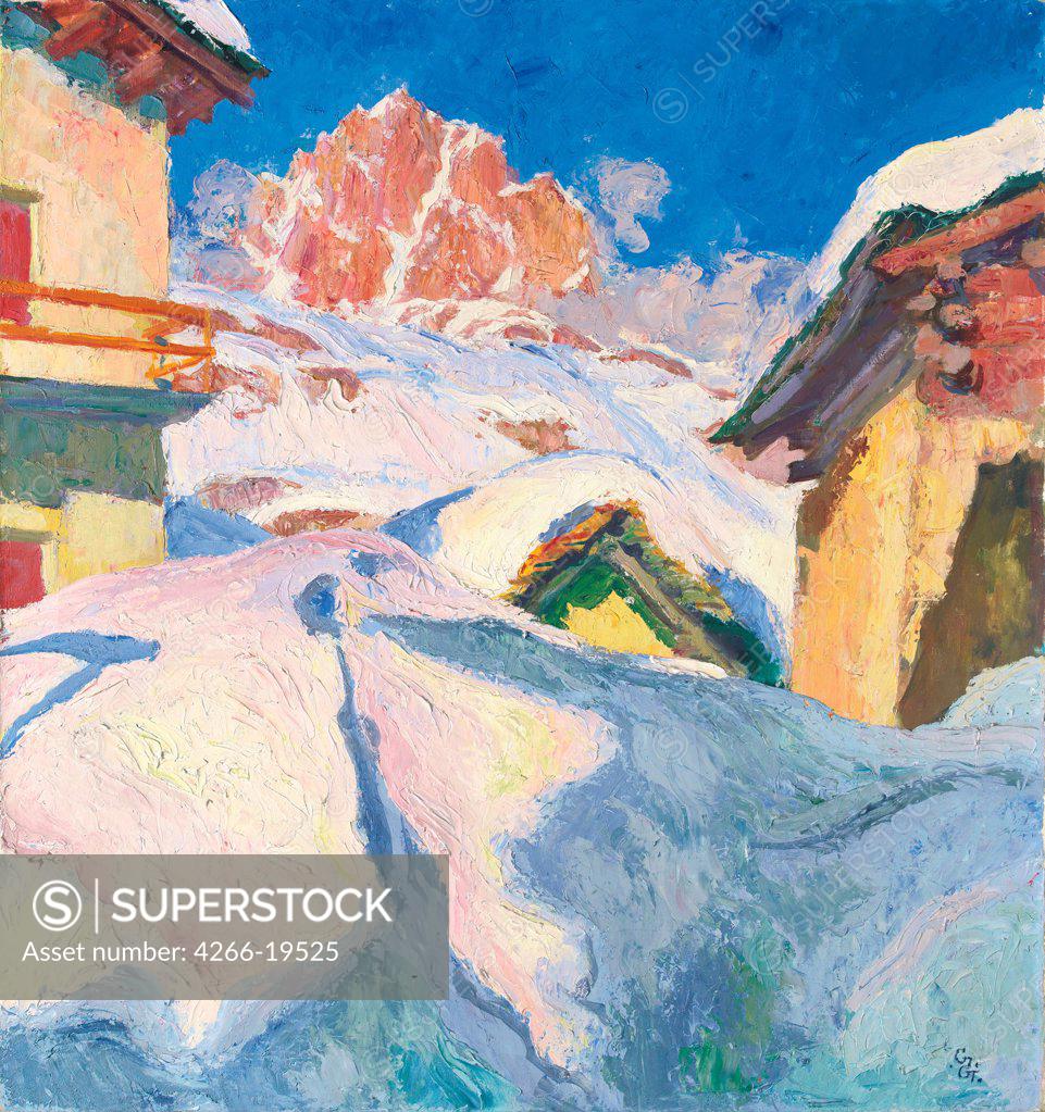 Stock Photo: 4266-19525 Capolago in Winter with a View of Piz Lagrev by Giacometti, Giovanni (1868-1933)/ Private Collection/ 1928/ Schwitzerland/ Oil on canvas/ Postimpressionism/ Landscape