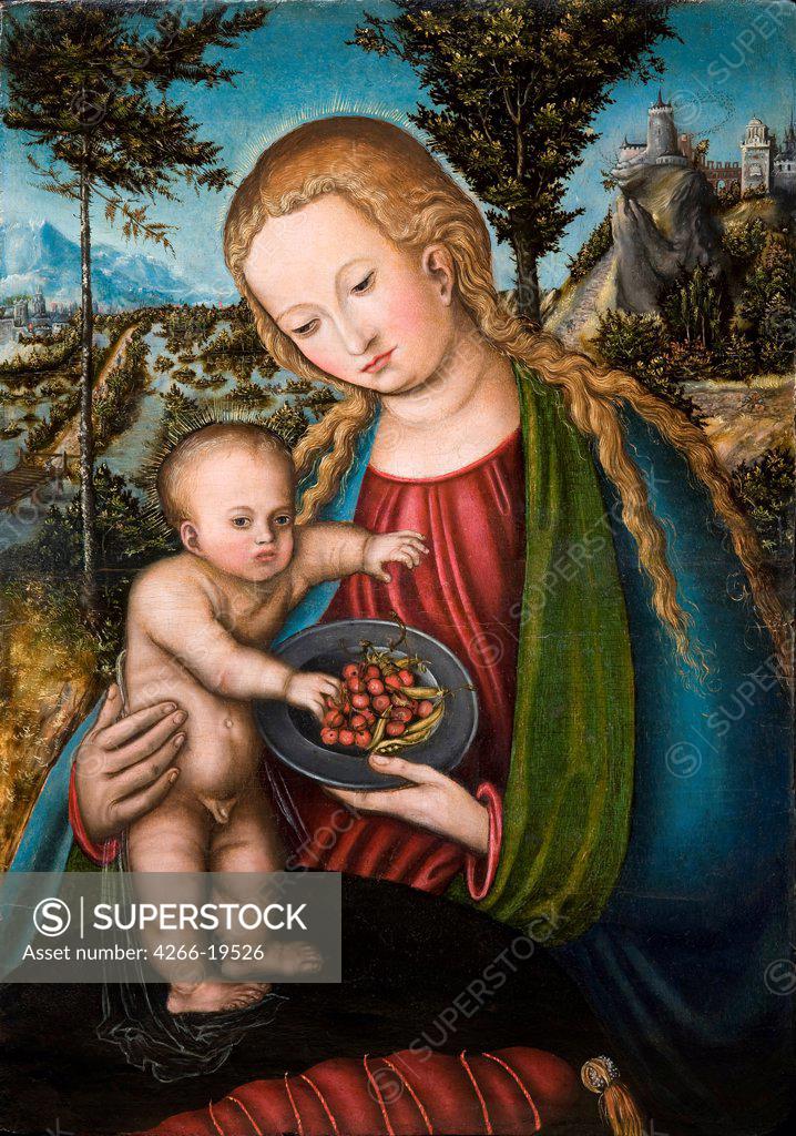 Stock Photo: 4266-19526 Virgin with Cherries by Cranach, Lucas, the Elder (1472-1553)/ Private Collection/ ca 1506/ Germany/ Oil on wood/ Renaissance/ 39,5x27,5/ Bible