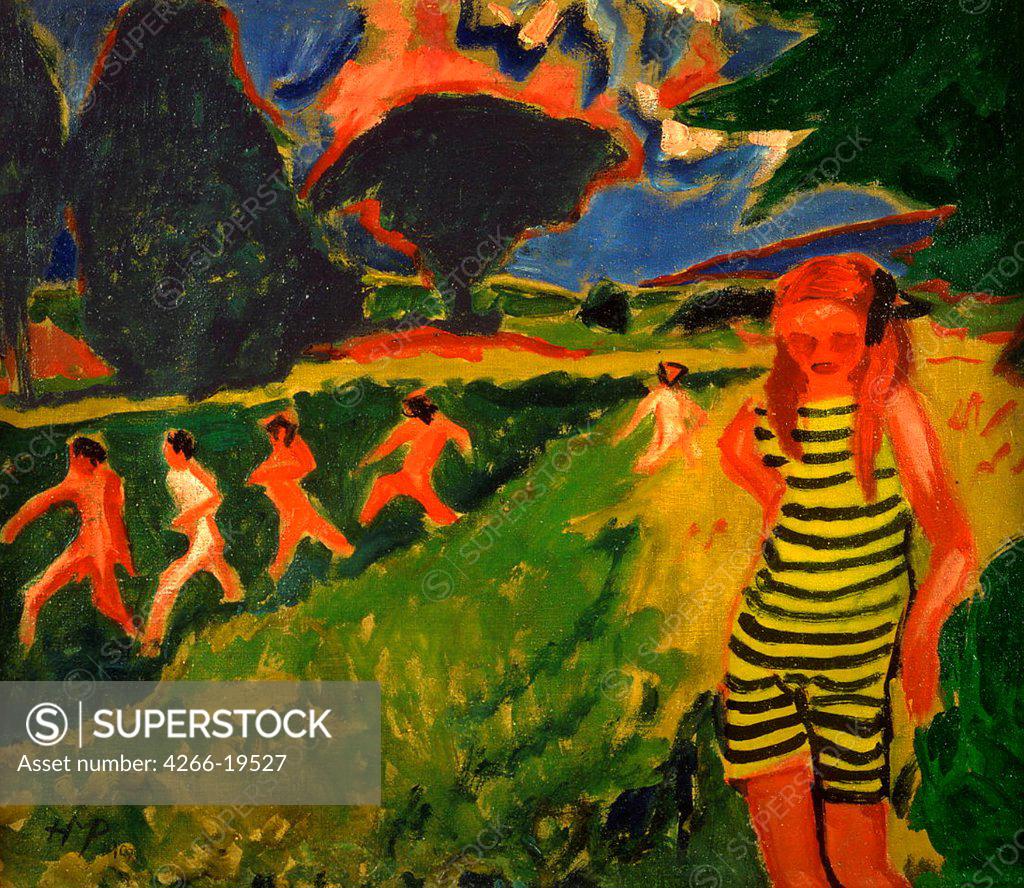 Stock Photo: 4266-19527 The black-and-yellow striped bathing suit by Pechstein, Hermann Max (1881-1955)/ Brucke-Museum Berlin/ 1909/ Germany/ Oil on canvas/ Expressionism/ 68x78/ Genre