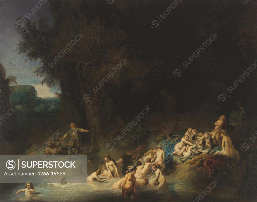 Stock Photo: 4266-19529 Diana with Actaeon and Callisto by Rembrandt van Rhijn (1606-1669)/ Museum Wasserburg Anholt/ 1634/ Holland/ Oil on canvas/ Baroque/ 73,5x93,5/ Mythology, Allegory and Literature
