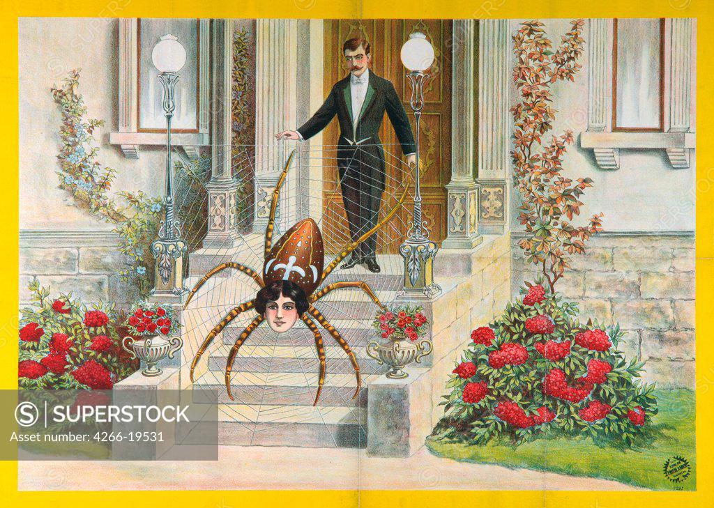 Stock Photo: 4266-19531 Spider-Woman (Poster) by Anonymous  / Private Collection/ 1922/ Germany/ Colour lithograph/ Art Nouveau/ Poster and Graphic design