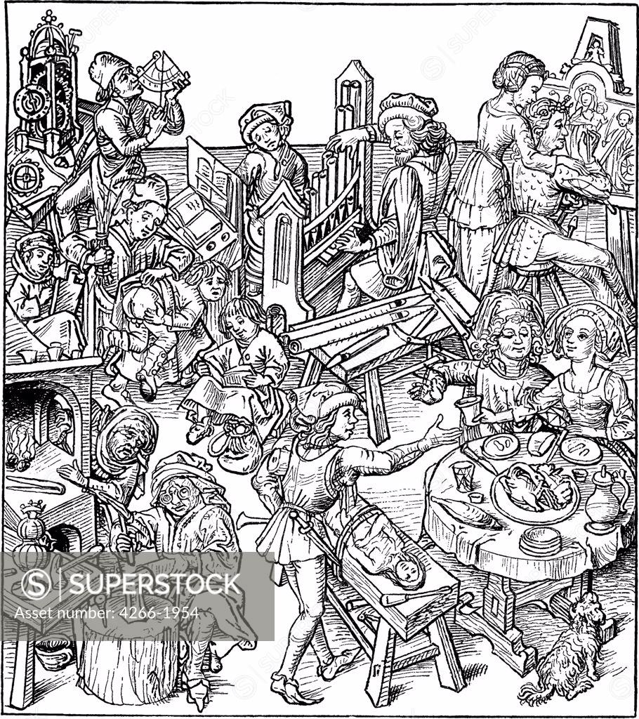 Stock Photo: 4266-1954 Urban scene by Master of the Housebook, Woodcut, circa 1480, between 1470 and 1505, Private Collection