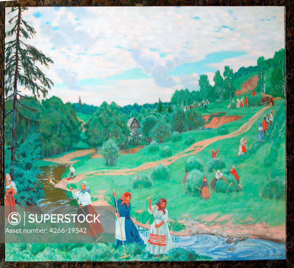 Stock Photo: 4266-19542 Hay Making by Kustodiev, Boris Michaylovich (1878-1927)/ State Tretyakov Gallery, Moscow/ 1917/ Russia/ Oil on canvas/ Russian Painting, End of 19th - Early 20th cen./ 70,5x67,8/ Landscape,Genre