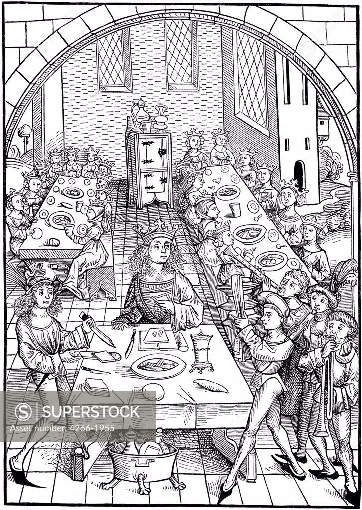 Stock Photo: 4266-1955 Dining by Michael Wolgemut, Woodcut, 1490-1491, 1434-1519, Private Collection