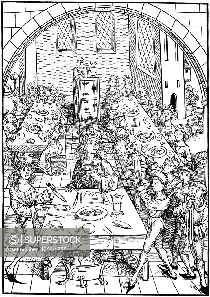 Dining by Michael Wolgemut, Woodcut, 1490-1491, 1434-1519, Private Collection