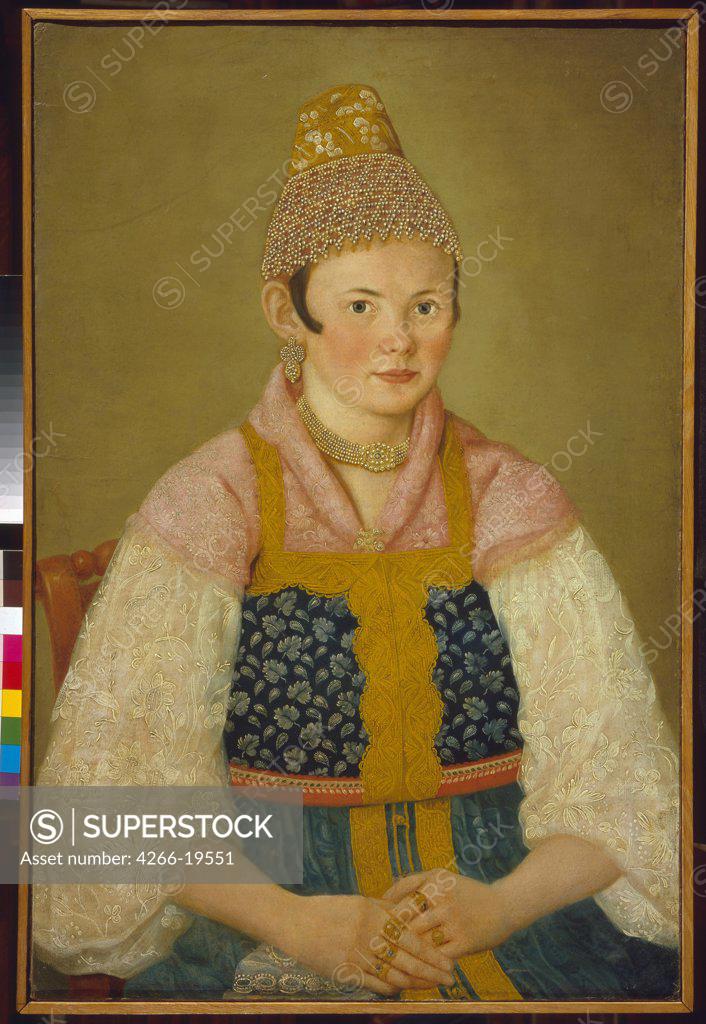 Stock Photo: 4266-19551 Portrait of a Merchant Woman in Kokoshnik 'Kabluchok' by Anonymous  / State History Museum, Moscow/ Russia/ Oil on canvas/ Russian Painting of 19th cen./ 80x53/ Portrait