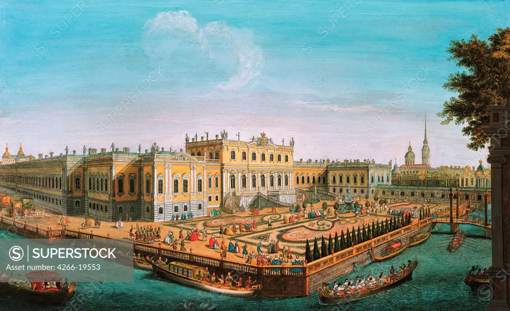 The Summer Palace in St. Petersburg by Anonymous  / State Russian Museum, St. Petersburg/ 1753/ Russia/ Oil on canvas/ Rococo/ Architecture, Interior,Landscape
