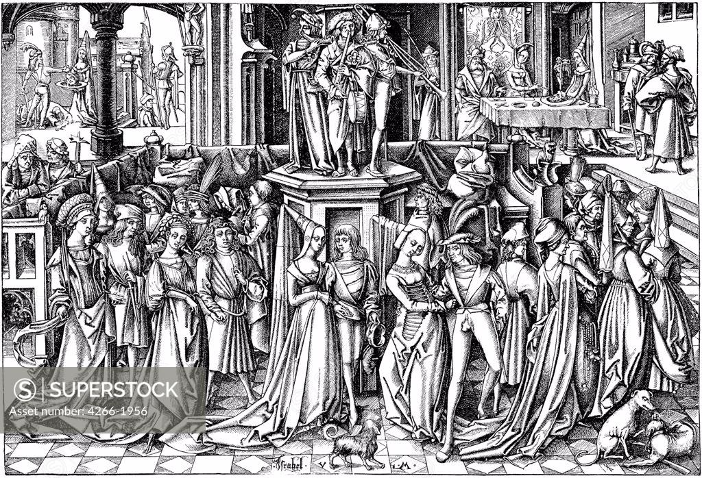 Stock Photo: 4266-1956 Celebration scene by Israhel van Meckenem the Younger, Copper engraving, circa 1500, circa 1440-1503, Private Collection, 21, 4x31