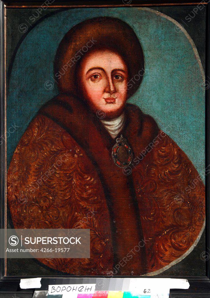 Stock Photo: 4266-19577 Portrait of Tsarina Evdokiya Feodorovna Lopukhina (1669-1731), the wife of tsar Peter I of Russia by Anonymous, 18th century  / Regional I. Kramskoi Art Museum, Voronezh/ Russia/ Oil on wood/ Parsuna/ 70x54/ Portrait