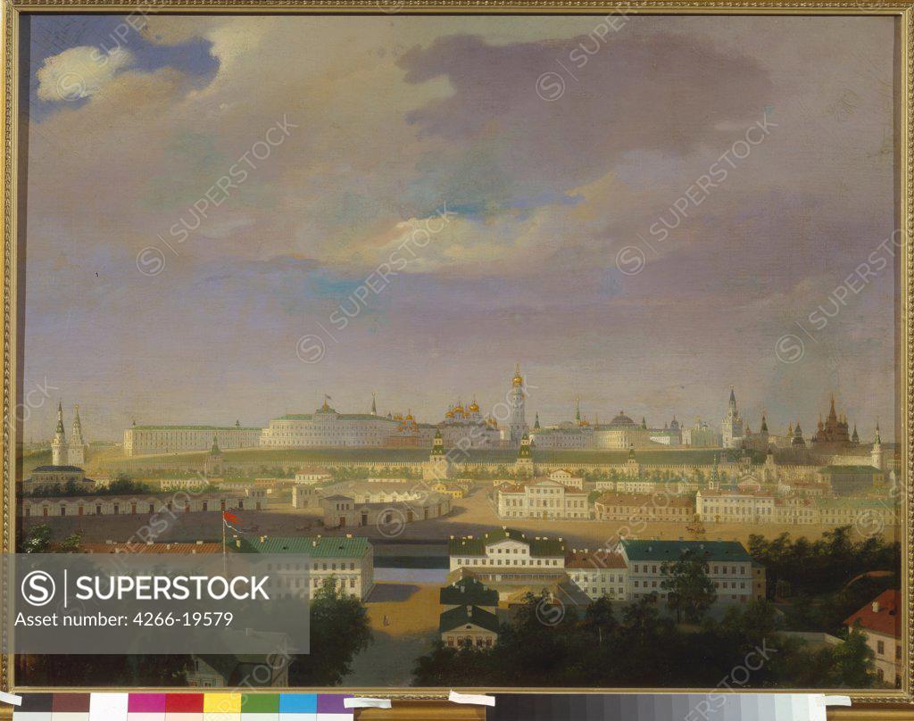 Stock Photo: 4266-19579 View of the Moscow Kremlin from the Bolotnaya (Marsh) square by Anonymous, 18th century  / State History Museum, Moscow/ Mid of the 19th cen./ Russia/ Oil on canvas/ Neoclassicism/ Landscape