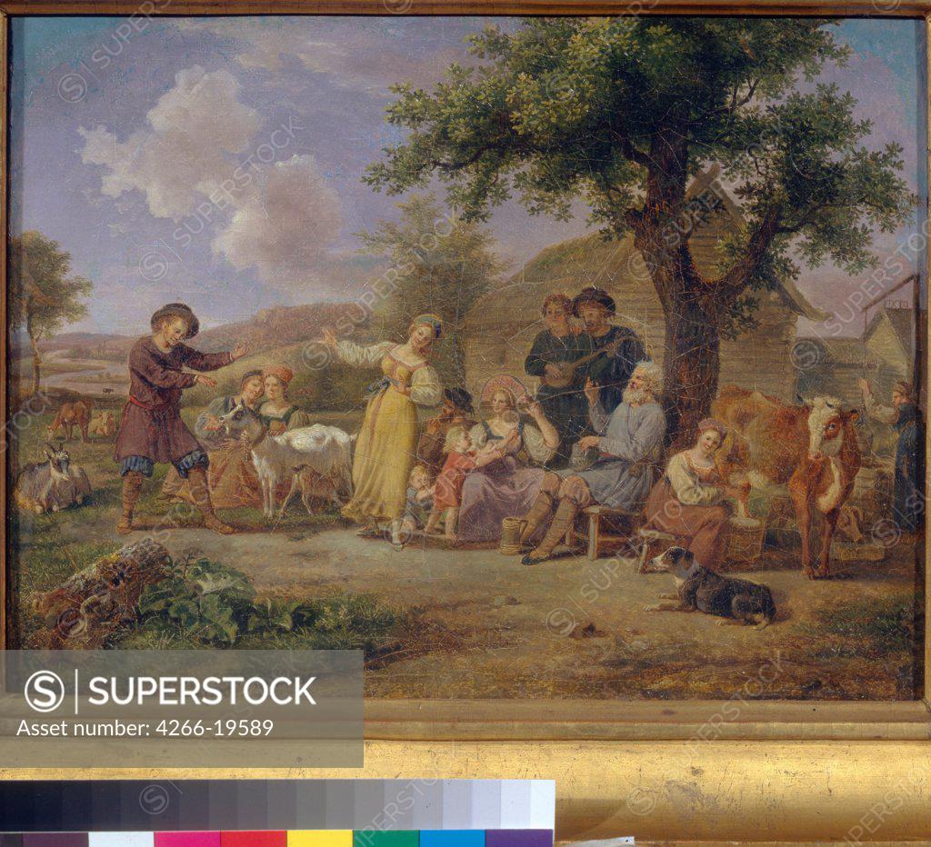 Stock Photo: 4266-19589 Peasants merry-making by Anonymous  / State Tretyakov Gallery, Moscow/ Second Half of the 18th cen./ Russia/ Oil on canvas/ Russian Art of 18th cen./ 24,5x32,5/ Genre