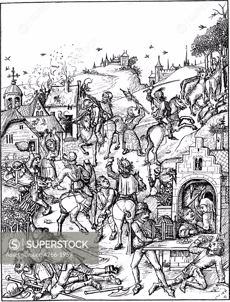 Stock Photo: 4266-1959 Medieval urban scene by Master of the Housebook, Woodcut, circa 1480, between 1470 and 1505, Private Collection