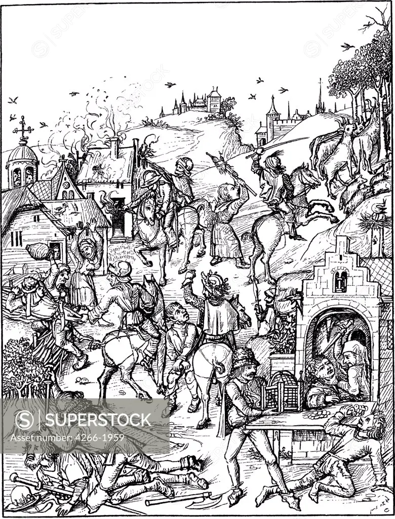Medieval urban scene by Master of the Housebook, Woodcut, circa 1480, between 1470 and 1505, Private Collection