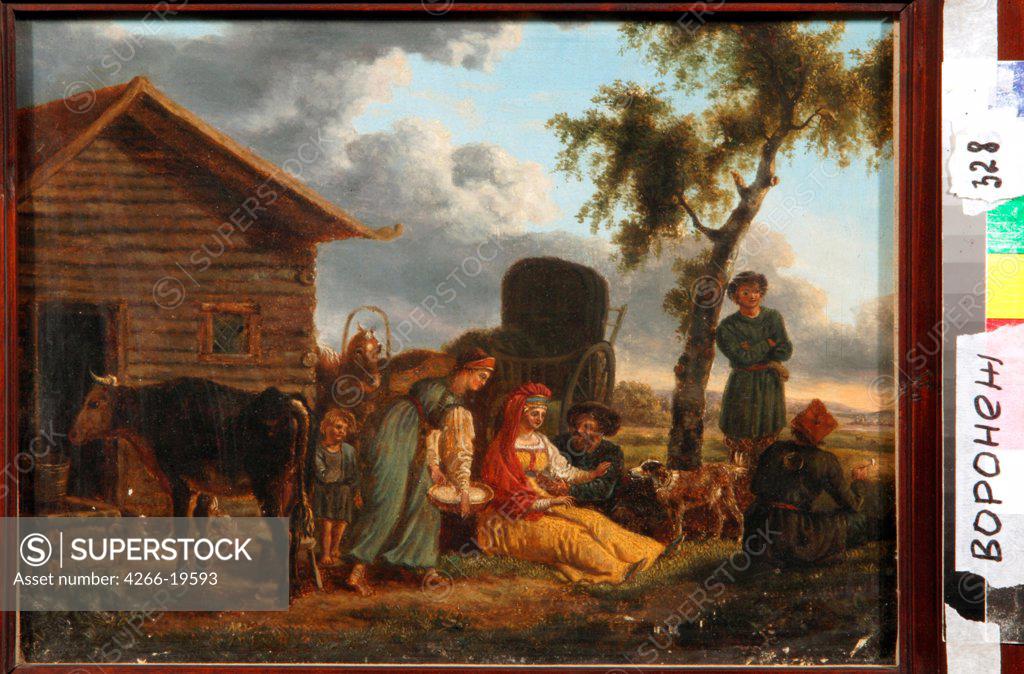 Stock Photo: 4266-19593 A Peasant Scene by Anonymous  / Regional I. Kramskoi Art Museum, Voronezh/ Russia/ Oil on canvas/ Romanticism/ 24,5x32,5/ Genre