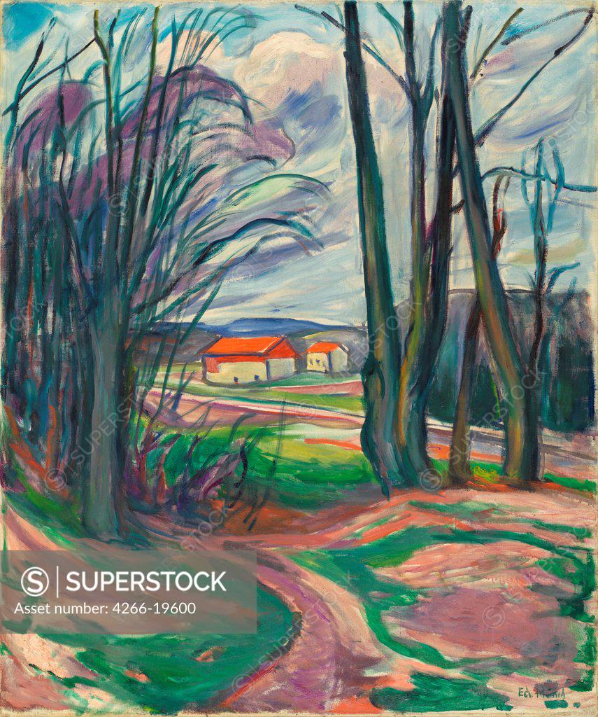 Stock Photo: 4266-19600 Landscape in Skoyen by Munch, Edvard (1863-1944)/ Private Collection/ 1920s/ Norway/ Oil on canvas/ Symbolism/ Landscape