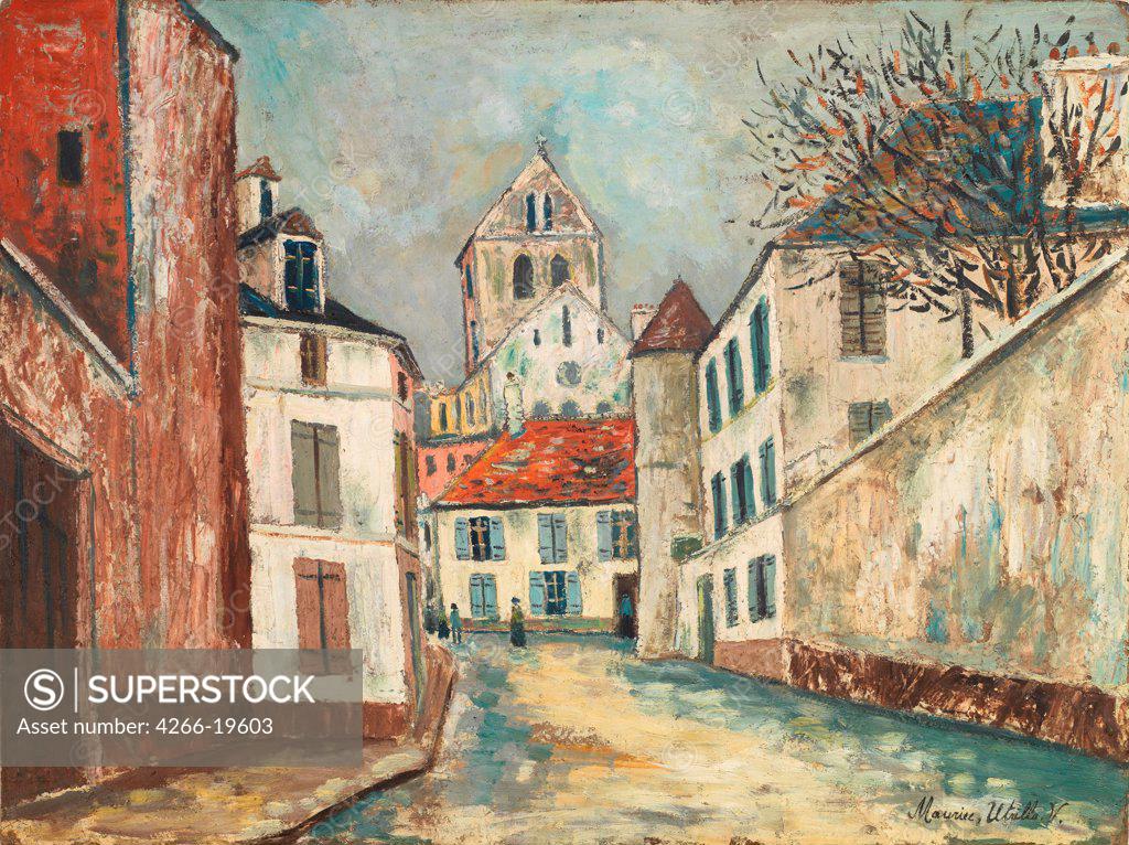 Stock Photo: 4266-19603 La Rue Montalant et l'eglise de Marizy-Sainte-Genevieve by Utrillo, Maurice (1883-1955)/ Private Collection/ 1911-1914/ France/ Oil on cardboard/ Postimpressionism/ Landscape
