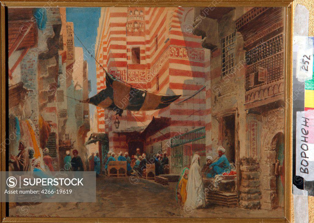 Stock Photo: 4266-19619 On the Street of Cairo by Makovsky, Konstantin Yegorovich (1839-1915)/ Regional I. Kramskoi Art Museum, Voronezh/ 1873/ Russia/ Watercolour on paper/ Academic art/ 27x38/ Landscape,Genre