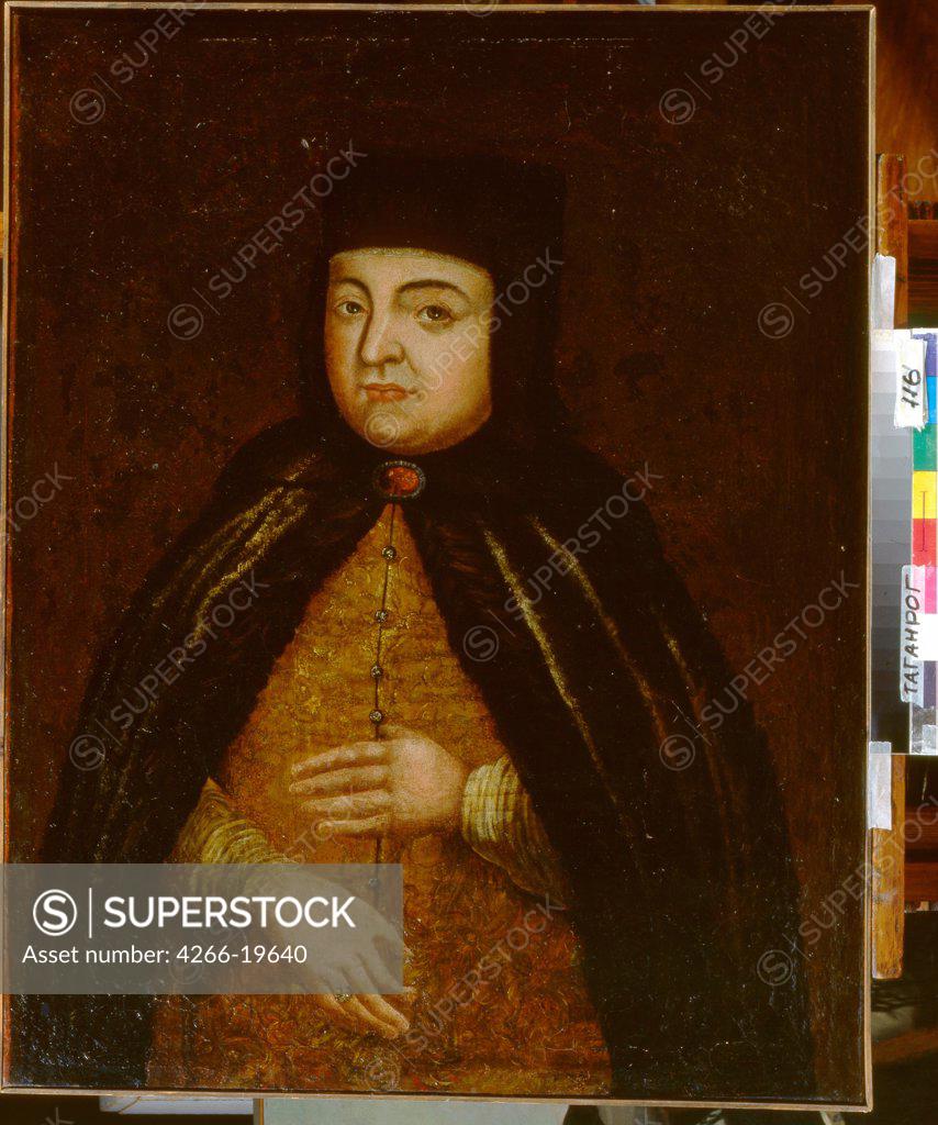 Stock Photo: 4266-19640 Portrait of the Tsarina Natalia Naryshkina (1651-1694), wife of tsar Alexis I of Russia by Nikitin, P. (active End of 17th cen.)/ Regional Art Gallery, Taganrog/ Second Half of the 17th cen./ Russia, Moscow School/ Oil on canvas/ Parsuna/ 87x68/ Portrait