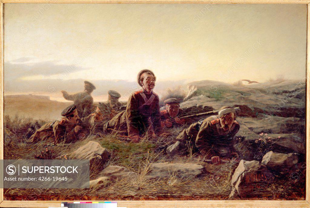 Stock Photo: 4266-19645 Plastuns at Sevastopol by Perov, Vasili Grigoryevich (1834-1882)/ Museum of Russian Art, Kiev/ 1874/ Russia/ Oil on canvas/ Realism/ 130x196/ Genre,History