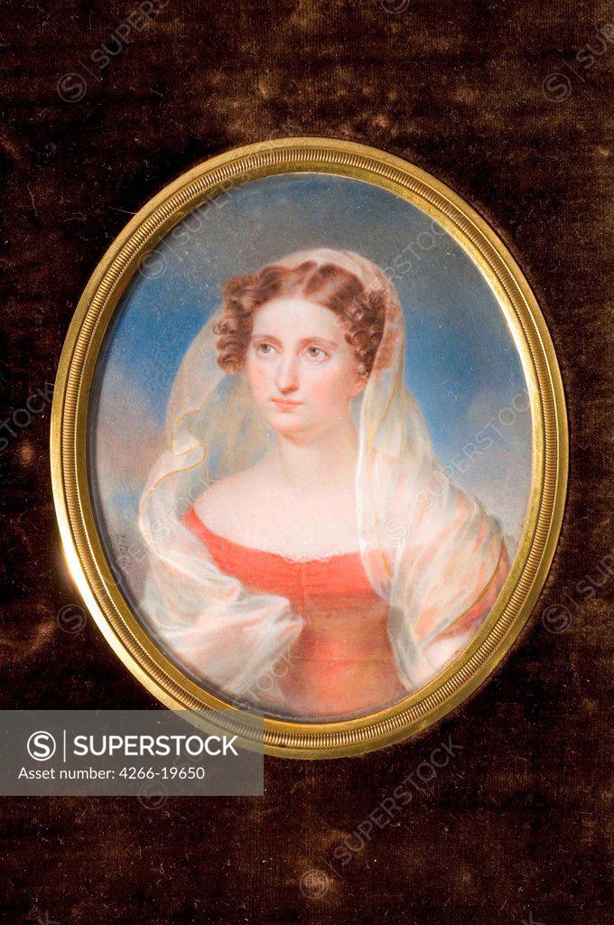 Stock Photo: 4266-19650 Portrait of Countess Dolly de Ficquelmont (1804-1863) by Comte de Girardin, Alexandre Francois Louis (1777-1848)/ Private Collection/ France/ Watercolour, Gouache on horn/ Classicism/ 10x8/ Portrait