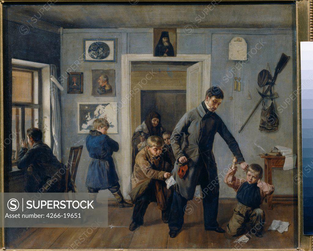 Stock Photo: 4266-19651 In the school by Popov, Andrei Andreyevich (1832-1896)/ State Tretyakov Gallery, Moscow/ 1854/ Russia/ Oil on canvas/ Academic art/ 45,8x54,8/ Genre