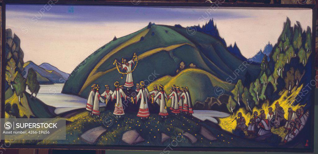 Stock Photo: 4266-19656 Stage design for the ballet The Rite of Spring (Le Sacre du Printemps) by I. Stravinsky by Roerich, Nicholas (1874-1947)/ State Russian Museum, St. Petersburg/ 1945/ Russia/ Tempera on canvas/ Symbolism/ Opera, Ballet, Theatre