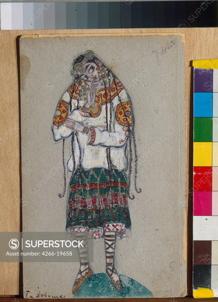 Stock Photo: 4266-19658 The Girl. Costume design for the ballet The Rite of Spring (Le Sacre du Printemps) by I. Stravinsky by Roerich, Nicholas (1874-1947)/ State Central A. Bakhrushin Theatre Museum, Moscow/ 1912/ Russia/ Gouache and tempera on paper/ Symbolism/ Opera, Ballet