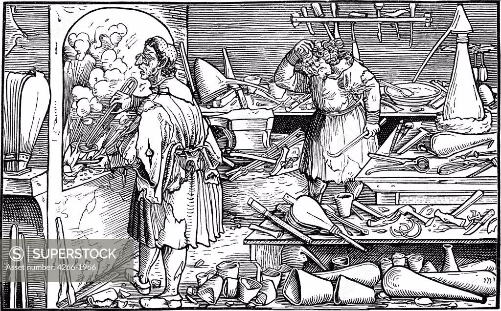 Stock Photo: 4266-1966 Alchemists by Hans Weiditz the Younger, Woodcut, 1532, 1500-1536, Private Collection