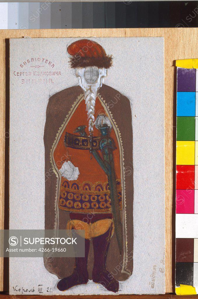 Stock Photo: 4266-19660 King Mark. Costume design for the opera 'Tristan und Isolde' by R. Wagner by Roerich, Nicholas (1874-1947)/ State Central A. Bakhrushin Theatre Museum, Moscow/ 1912/ Russia/ Watercolour, Gouache on Paper/ Symbolism/ 25,1x16/ Opera, Ballet, Theatre