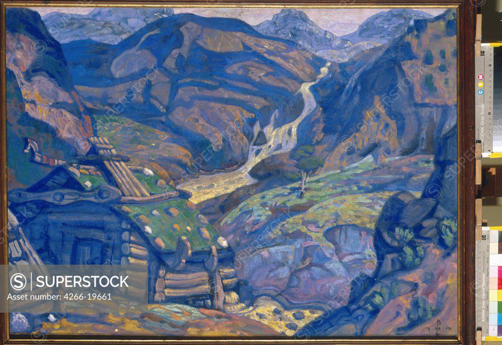 Stock Photo: 4266-19661 Stage design for the theatre play Peer Gynt by H. Ibsen by Roerich, Nicholas (1874-1947)/ State Russian Museum, St. Petersburg/ 1912/ Russia/ Tempera on cardboard/ Symbolism/ 66x88/ Opera, Ballet, Theatre