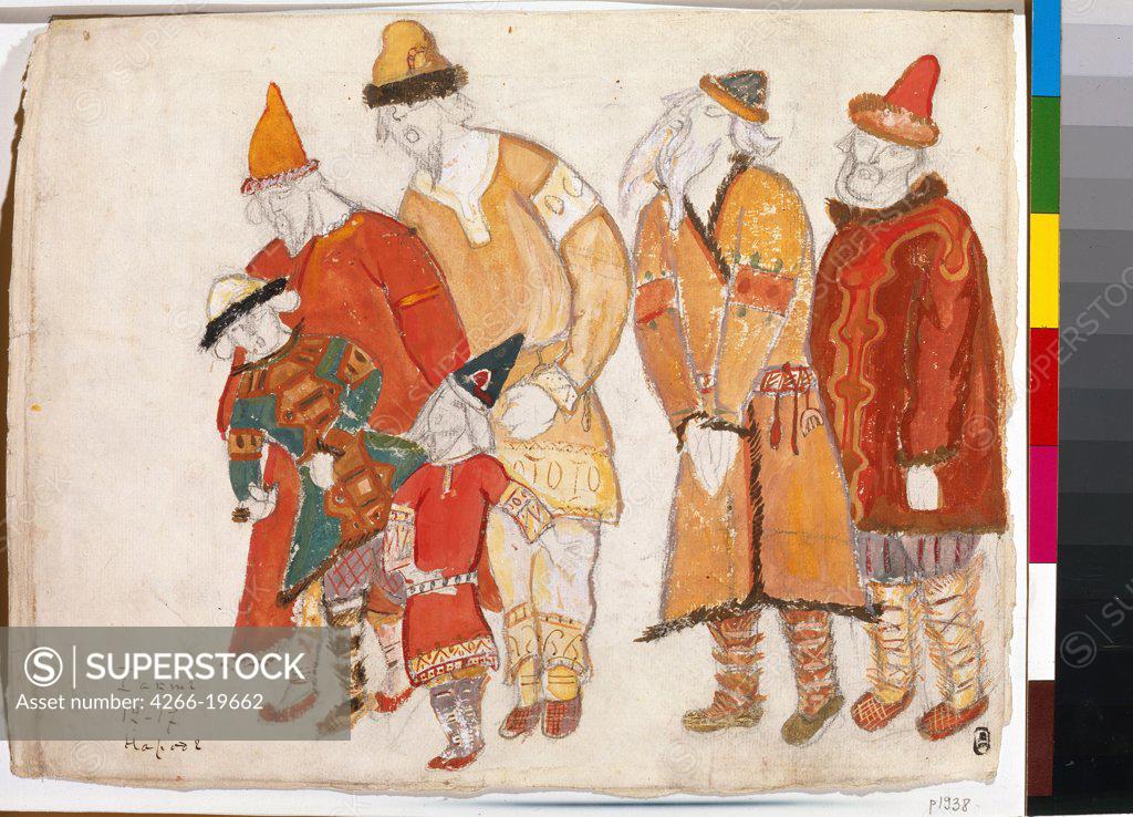 Stock Photo: 4266-19662 Peoples. Costume design for the opera Prince Igor by A. Borodin by Roerich, Nicholas (1874-1947)/ State Russian Museum, St. Petersburg/ 1914/ Russia/ Watercolour, Gouache on Paper/ Symbolism/ Opera, Ballet, Theatre
