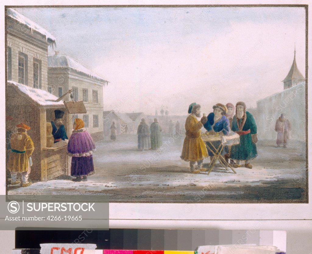 Stock Photo: 4266-19665 Street Tobacco Vendor at the Tobacco Store by Pluchart, Eugene (1809-1880)/ State Museum of A.S. Pushkin, Moscow/ 1825/ France/ Lithograph, watercolour/ Romanticism/ 23x30,9/ Genre