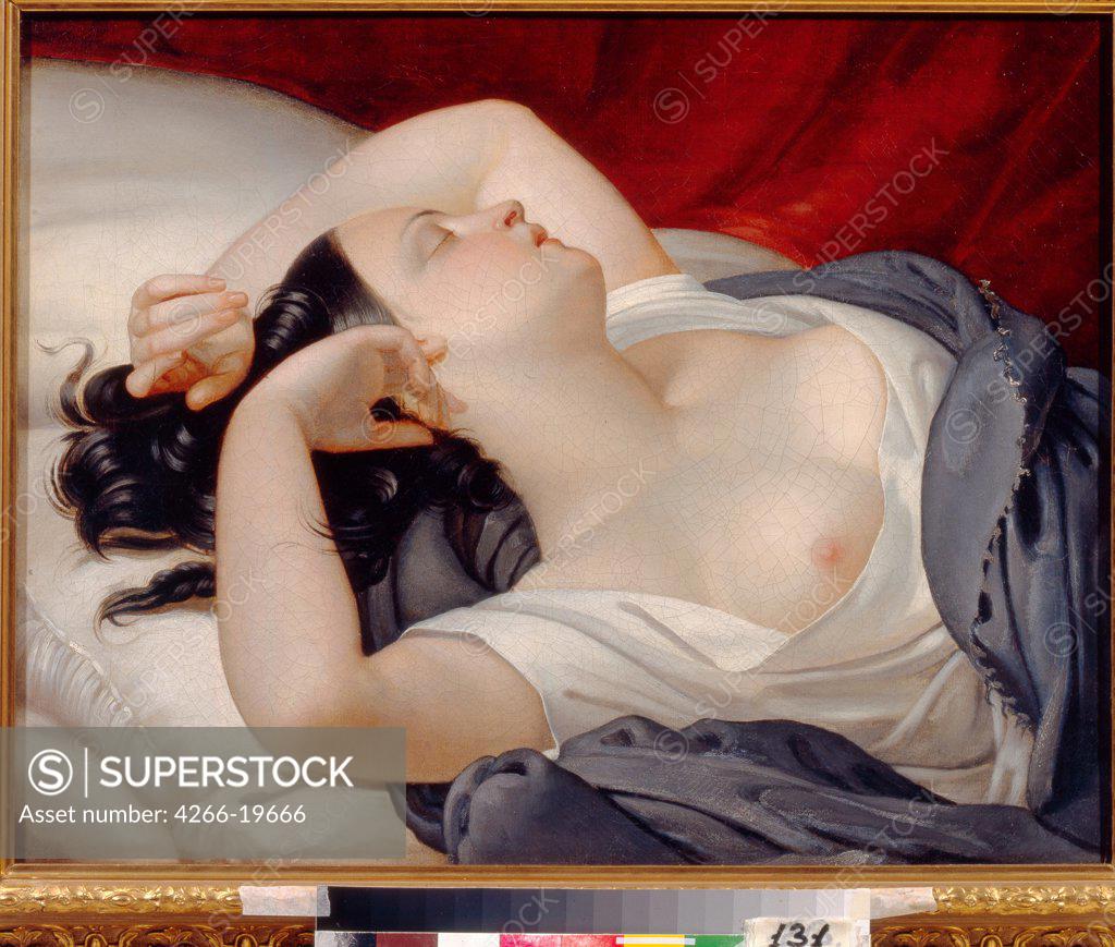 Stock Photo: 4266-19666 Sleeping Italian Woman by Pluchart, Eugene (1809-1880)/ Regional Art Museum, Nizhny Tagil/ 1840s/ France/ Oil on canvas/ Romanticism/ 56x71/ Genre