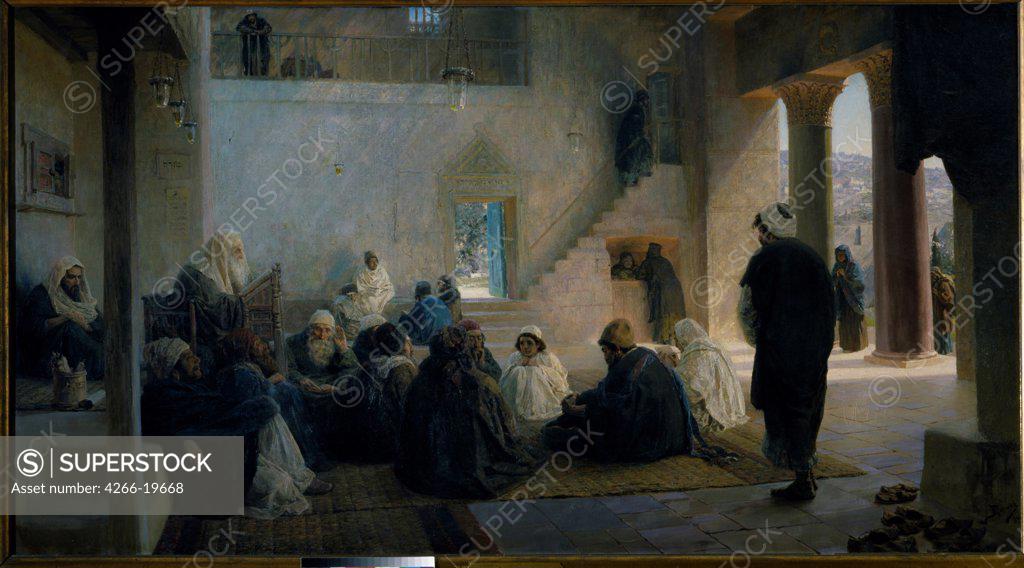 Stock Photo: 4266-19668 Christ among the Doctors by Polenov, Vasili Dmitrievich (1844-1927)/ State Tretyakov Gallery, Moscow/ 1896/ Russia/ Oil on canvas/ Realism/ 150x272,8/ Bible