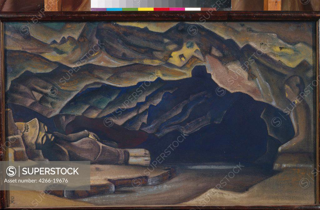 Stock Photo: 4266-19676 Parinirvana by Roerich, Nicholas (1874-1947)/ State Russian Museum, St. Petersburg/ 1935-1936/ Russia/ Tempera on canvas/ Symbolism/ 47x79/ Landscape,Mythology, Allegory and Literature