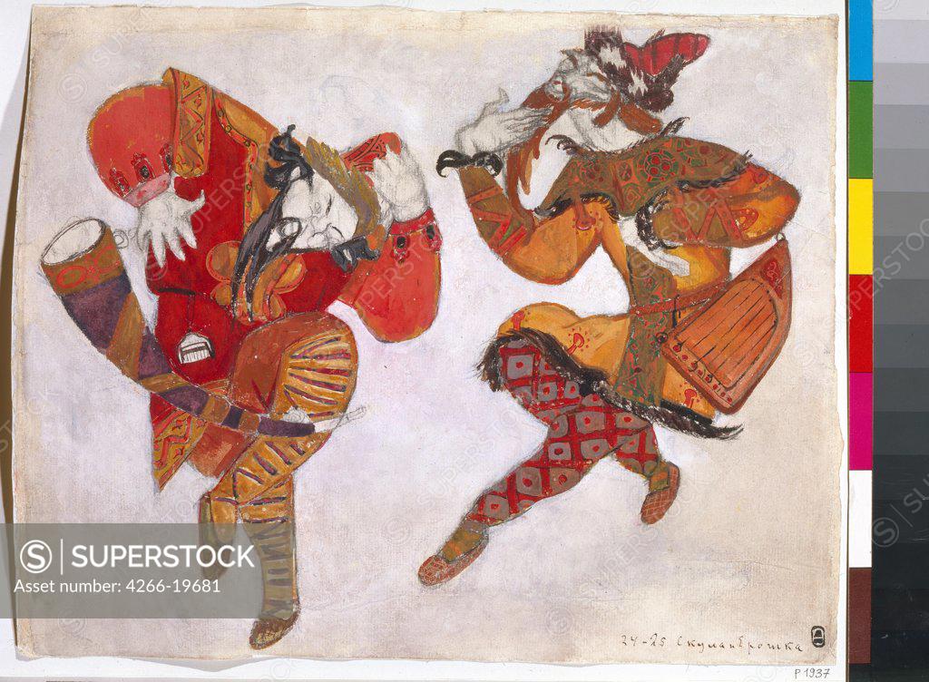 Stock Photo: 4266-19681 The skomorokhs. Costume design for the opera Prince Igor by A. Borodin by Roerich, Nicholas (1874-1947)/ State Russian Museum, St. Petersburg/ 1914/ Russia/ Watercolour, Gouache on Paper/ Symbolism/ 26,8x33,4/ Opera, Ballet, Theatre