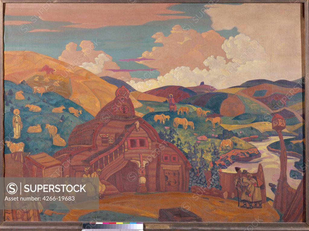 Stock Photo: 4266-19683 The Three Joys by Roerich, Nicholas (1874-1947)/ State Russian Museum, St. Petersburg/ 1916/ Russia/ Tempera on canvas/ Symbolism/ 130x175/ Bible,Mythology, Allegory and Literature,History