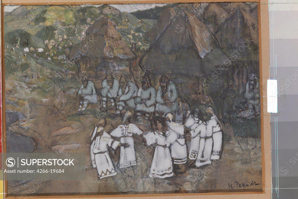 Stock Photo: 4266-19684 Circle Dance by Roerich, Nicholas (1874-1947)/ State M. Nesterov Art Museum of Republic Bashkortostan, Ufa/ Early 1900s/ Russia/ Watercolour, Gouache on Paper/ Symbolism/ 12,5x16,5/ Genre