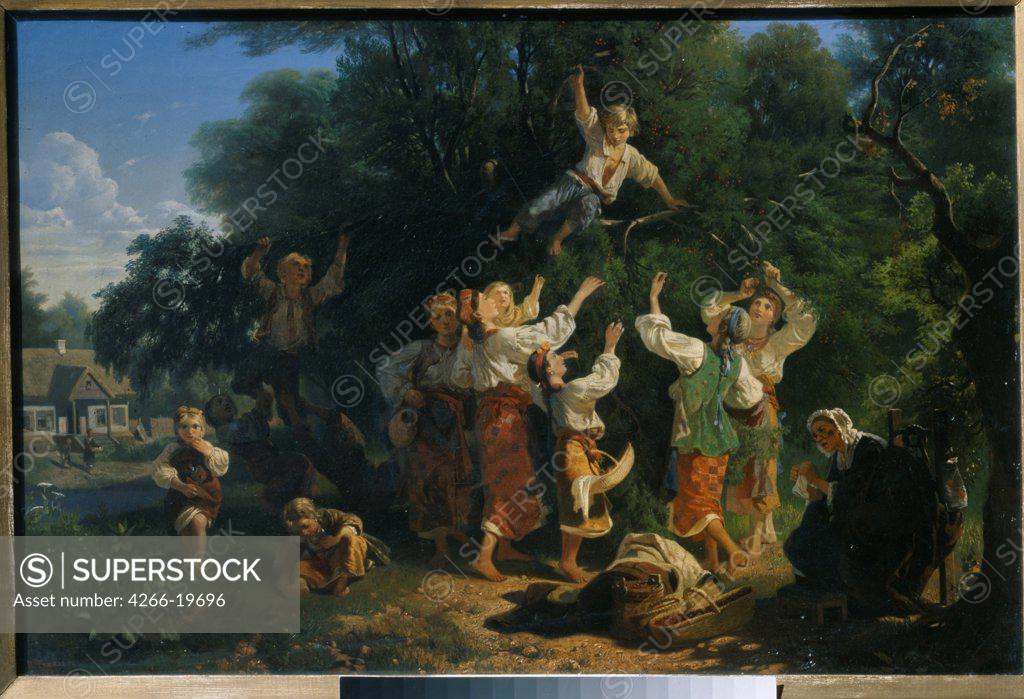 Stock Photo: 4266-19696 Cherry harvest in a landowner's fruit garden in the Ukraine by Sokolov, Ivan Ivanovich (1823-1918)/ State Tretyakov Gallery, Moscow/ 1858/ Russia/ Oil on canvas/ Romanticism/ 55x82/ Genre