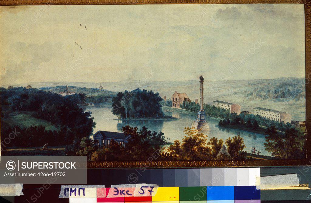 Stock Photo: 4266-19702 Tsarskoye Selo. The Chesme Column by Traverse, Jean Balthazard, de la (2 half of 18th cen.)/ State Museum of A.S. Pushkin, Moscow/ 1780s/ France/ Watercolour on paper/ Classicism/ 23x45/ Landscape
