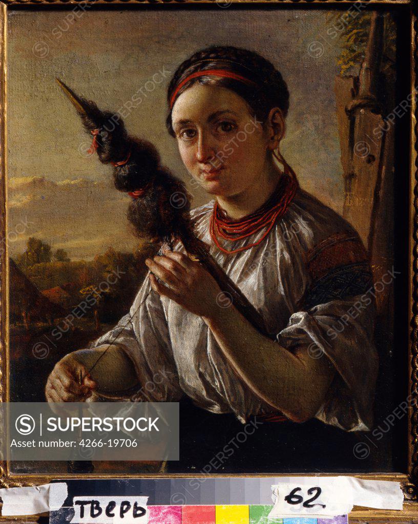 Stock Photo: 4266-19706 Spinner by Tropinin, Vasili Andreyevich (1776-1857)/ Regional Art Gallery, Tver/ 1821/ Russia/ Oil on canvas/ Romanticism/ 32,3x27,3/ Portrait