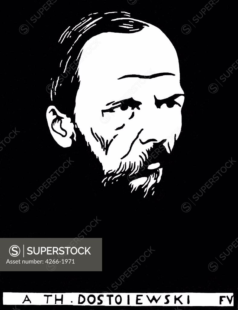 Stock Photo: 4266-1971 Portrait of Dostoyevsky by Felix Edouard Vallotton, Woodcut, 1895, 1865-1925, Private Collection, 15, 9x12, 3