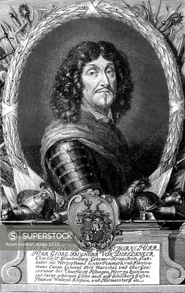 Stock Photo: 4266-1973 Portrait of Field Marshal of Prussia by Johann Hainzelmann, Copper engraving, 1641-1690s, Private Collection