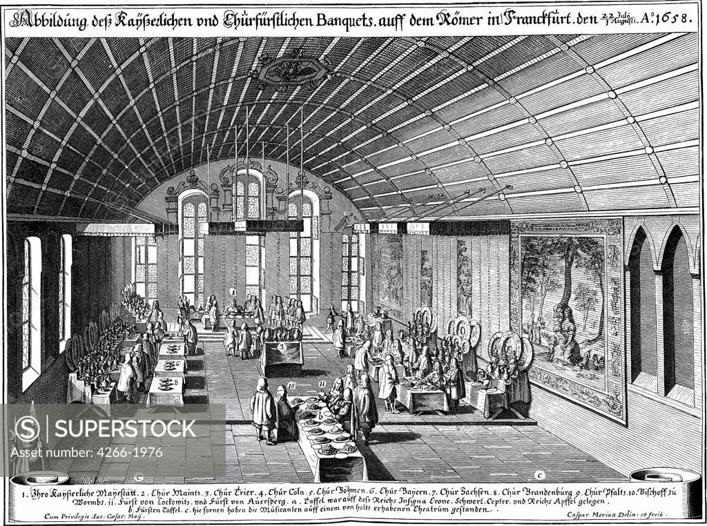 Stock Photo: 4266-1976 Dining by Caspar Merian, Copper engraving, 1658, 1627-1686, Private Collection
