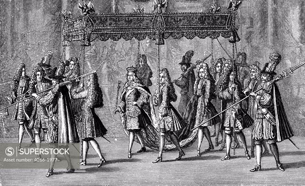 Stock Photo: 4266-1977 Royal ceremony by Johann Georg Wolfgang, Copper engraving, circa 1700, 1664-1744, Private Collection