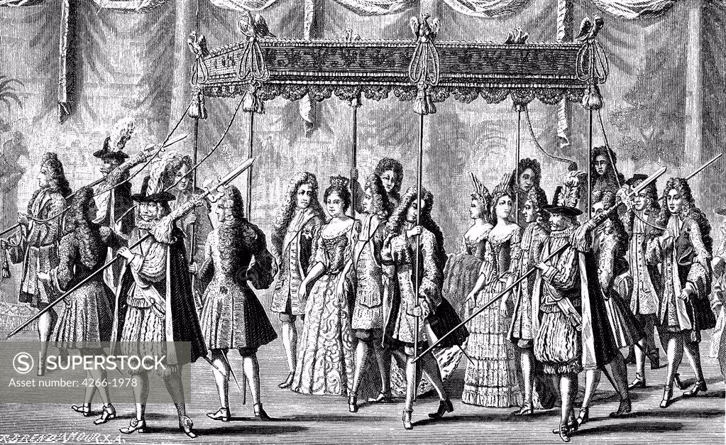 Stock Photo: 4266-1978 Royal ceremony by Johann Georg Wolfgang, Copper engraving, circa 1700, 1664-1744, Private Collection