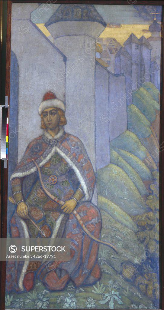 Stock Photo: 4266-19791 A Knight by Roerich, Nicholas (1874-1947)/ State Russian Museum, St. Petersburg/ 1910/ Russia/ Tempera on canvas/ Symbolism/ 203x103/ Mythology, Allegory and Literature,History