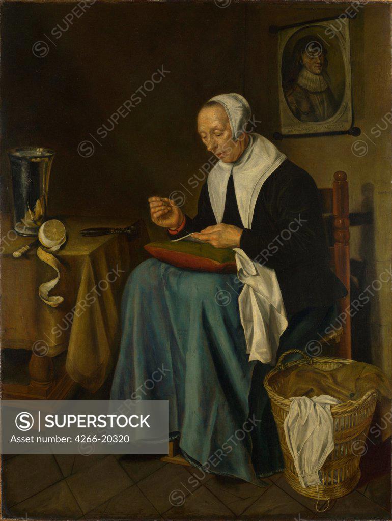 Stock Photo: 4266-20320 An Old Woman seated sewing by Aeck, Johannes van der (1637-1682)/ National Gallery, London/ 1655/ Holland/ Oil on canvas/ Baroque/ 108,8x82/ Genre