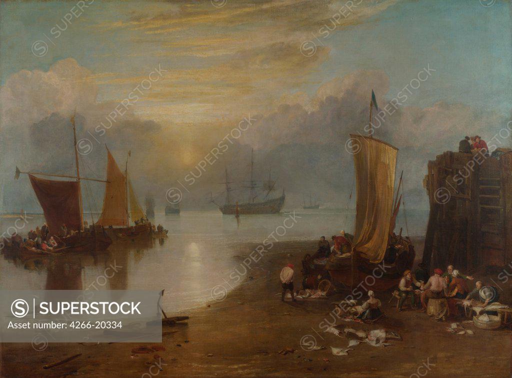 Stock Photo: 4266-20334 Sun rising through Vapour. Fishermen cleaning and selling Fish by Turner, Joseph Mallord William (1775-1851)/ National Gallery, London/ 1804-1806/ England/ Oil on canvas/ Romanticism/ 134,5x179/ Landscape