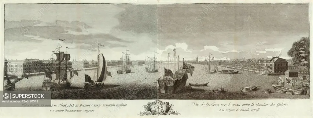 View of the Neva River between the Galley Yard and the Vasilyevsky Island (Book to the 50th anniversary of St Petersburg) by Elyakov, Ivan Petrovich (1725-1756)/ Russian National Library, St. Petersburg/ 1753/ Russia/ Copper engraving/ Classicism/ 49,2x1